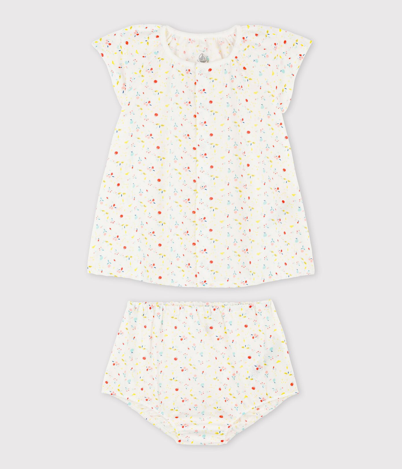Robe manches courtes fruitée avec bloomer bébé fille en tubique chaine et trame en coton biologique