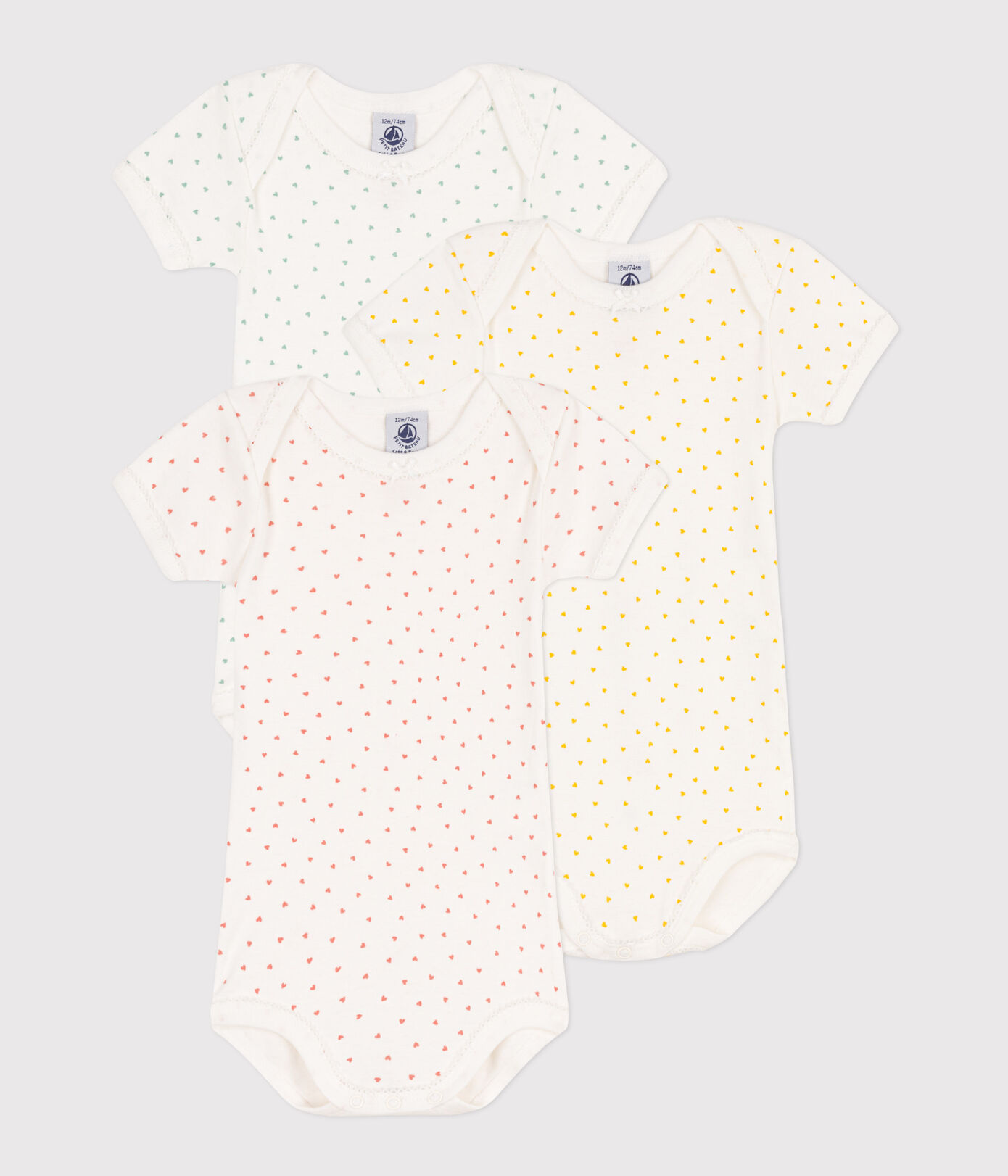 Lot de 3 bodies manches courtes coeurs en coton