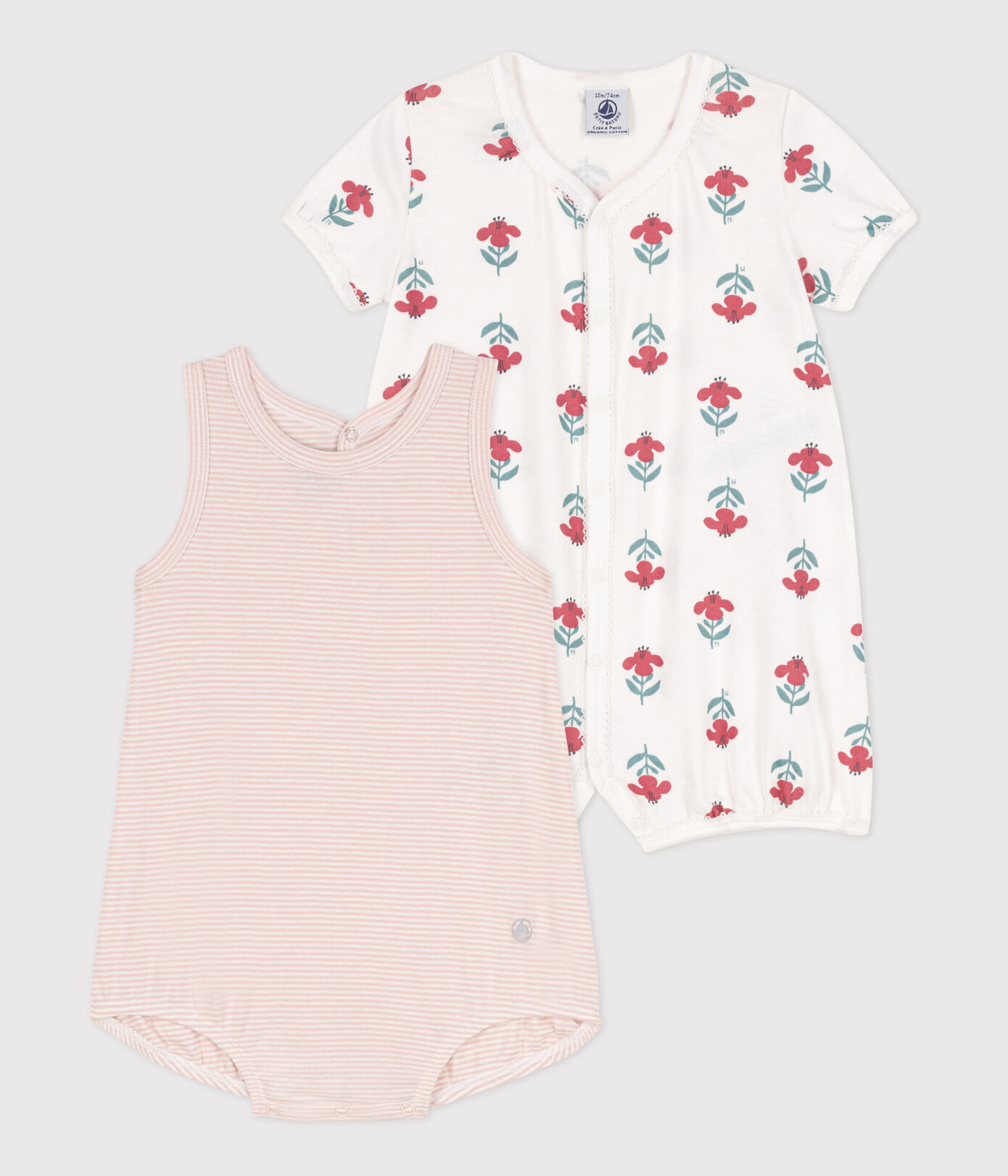 Lot de 2 combinaisons courtes fleurs en coton bébé