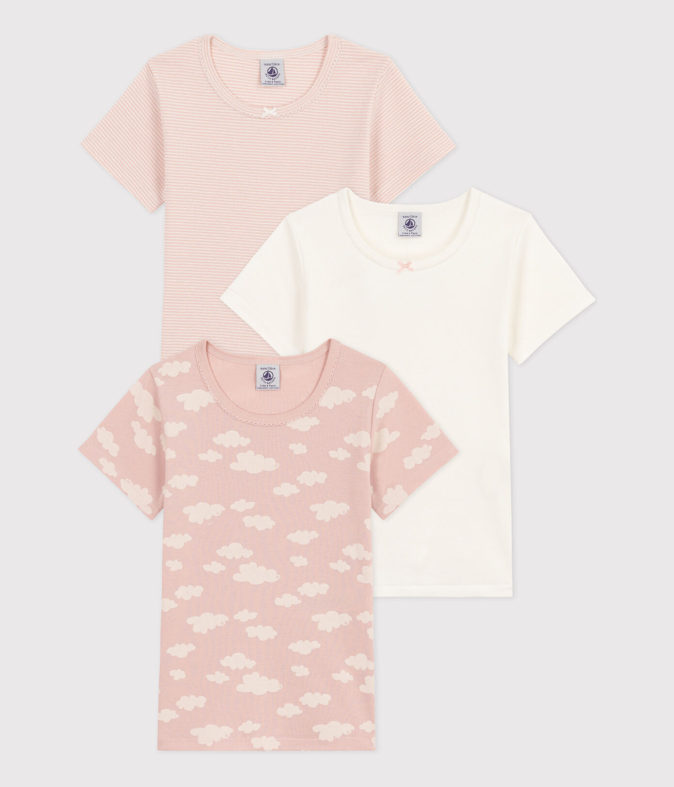 Lot de 3 tee shirts manches courtes nuages en coton petite fille
