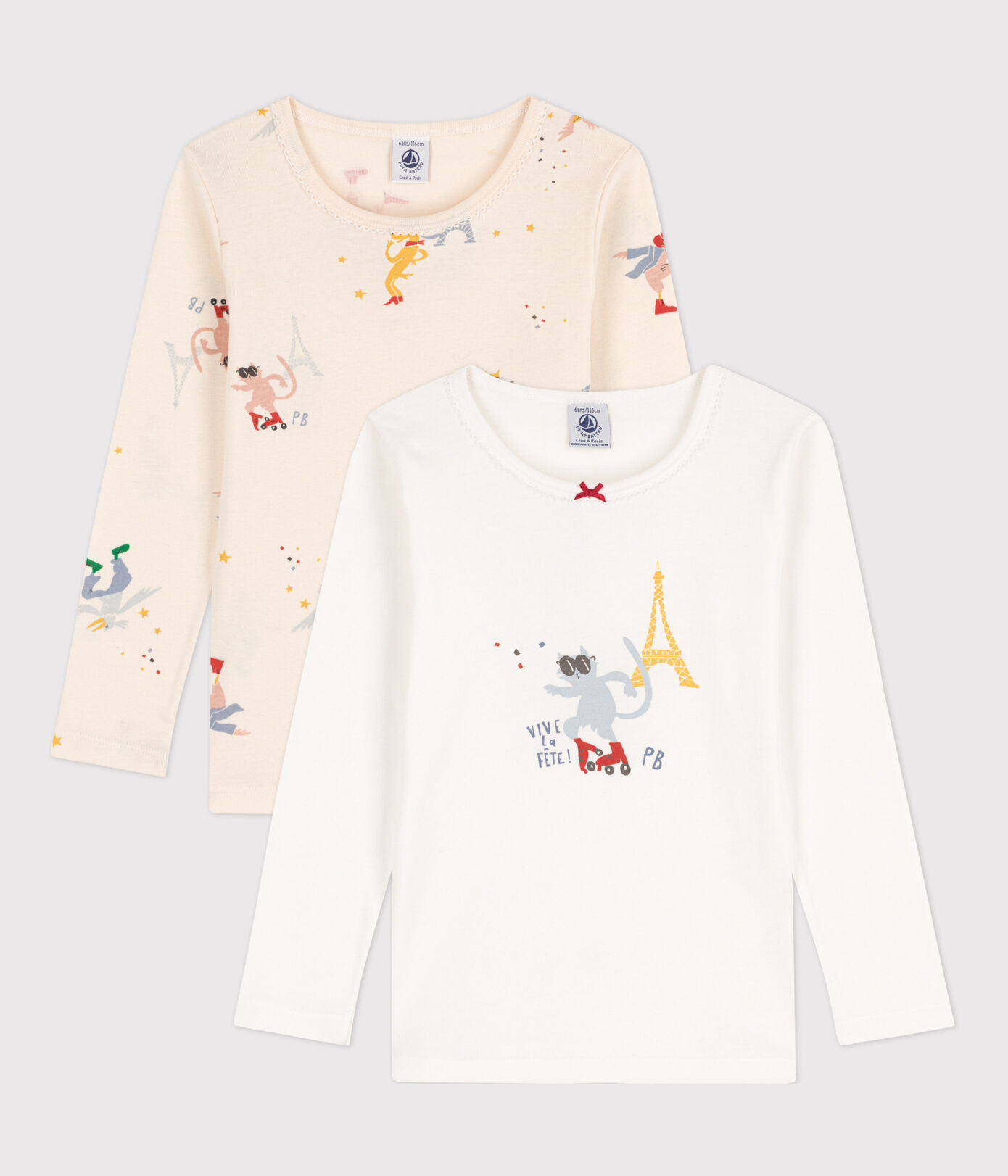 Lot de 2 tee shirts manches longues petite fille/petit garon en coton