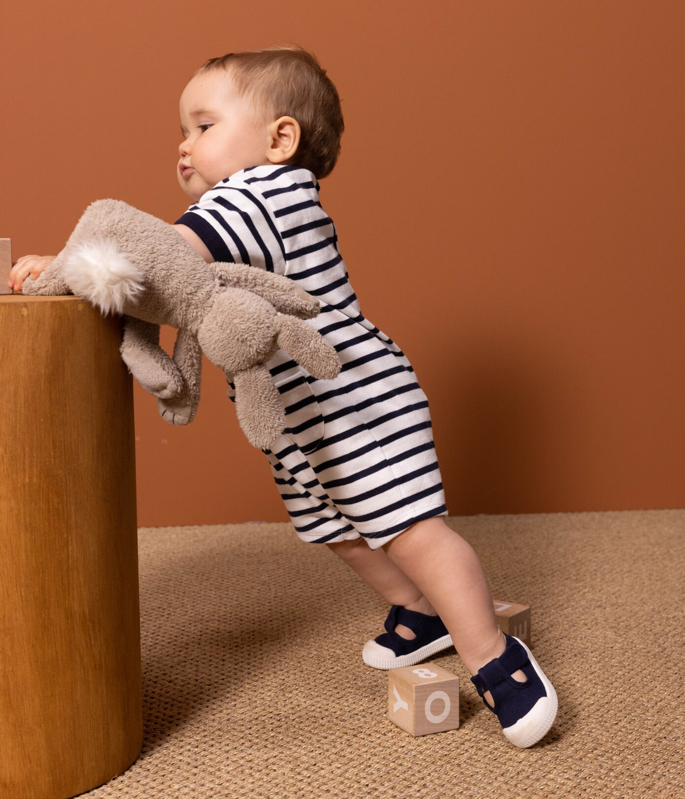 Combinaison courte bébé rayée marinière en jersey épais