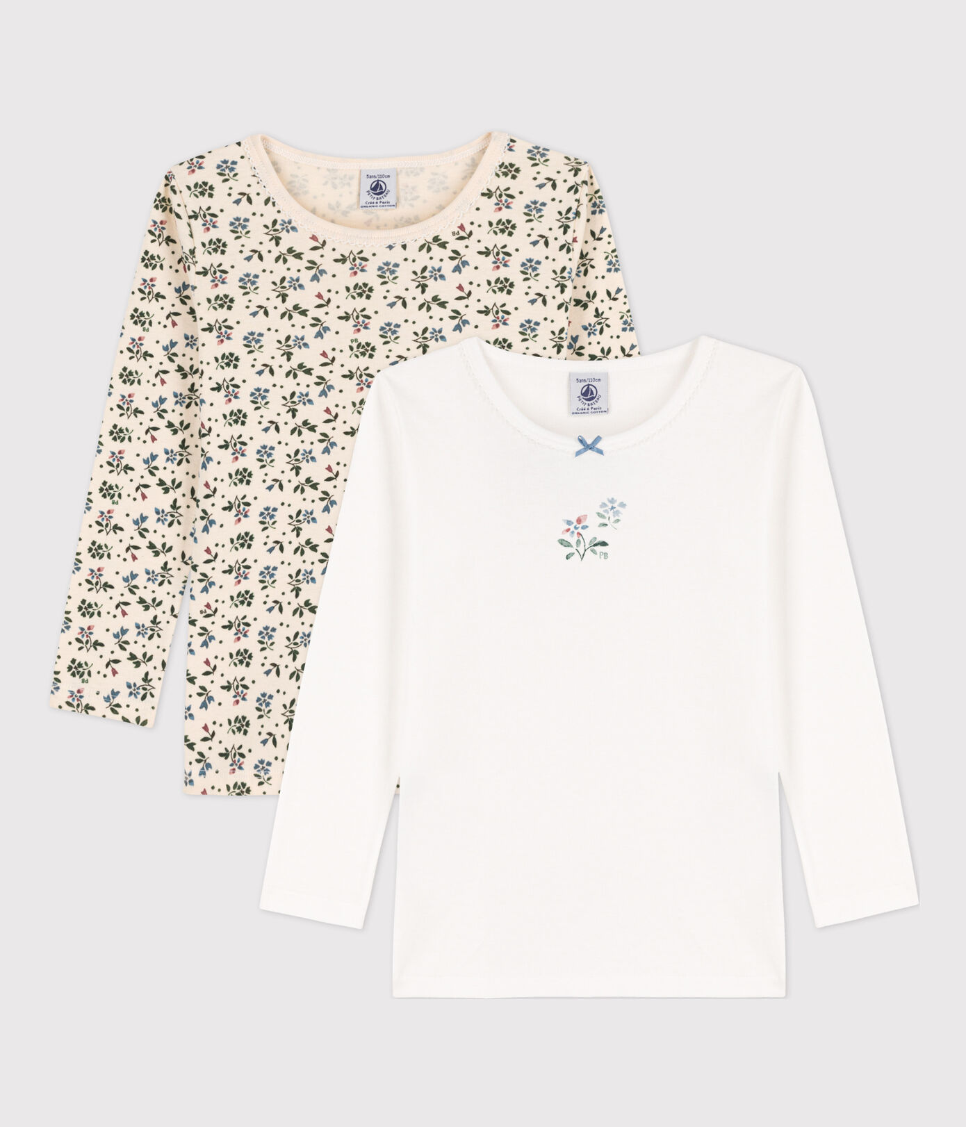 Lot de 2 t-shirts manches longues fleur petite fille en coton