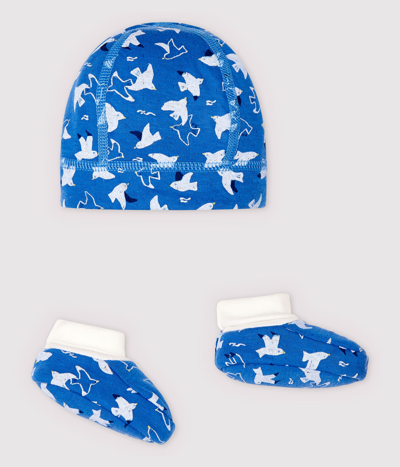 Lot bonnet naissance et chaussons bleus bébé en tubique en coton biologique