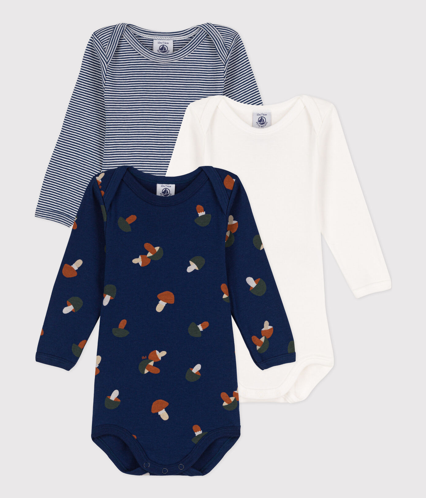 Lot de 3 bodies manches longues champignon bébé en coton