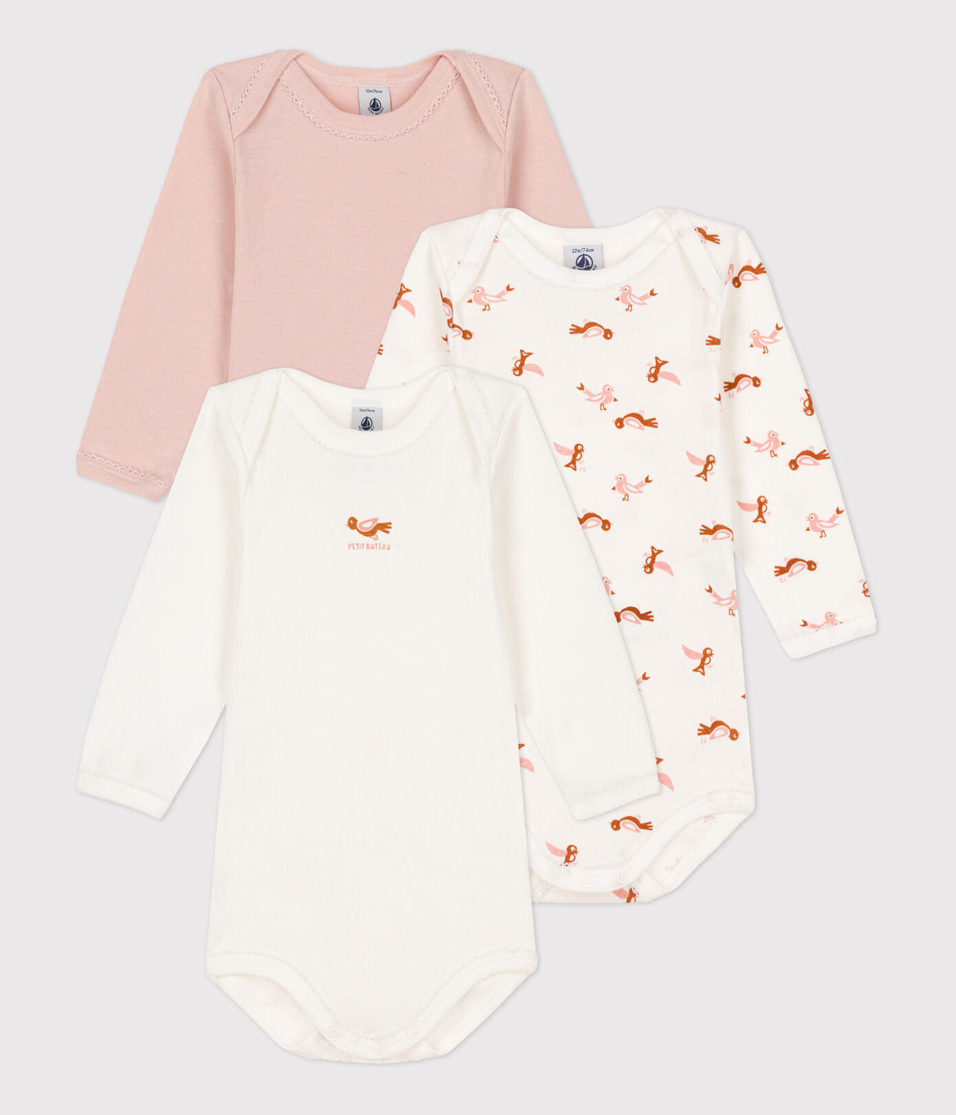 Lot de 3 bodies manches longues oiseaux bébé en coton