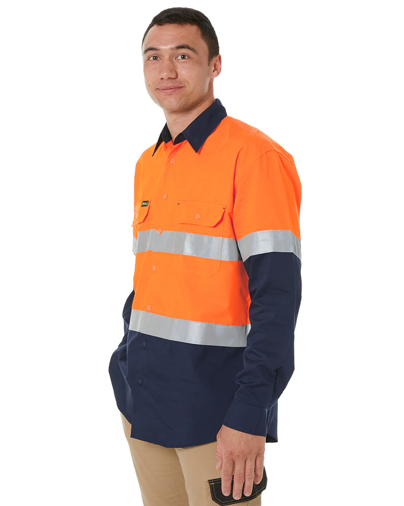 Hi Vis Recycled LS Drill Shirt - Orange/Navy