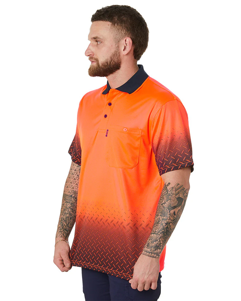 Hi Vis Sublimated Diamond Plate Polo - Orange/Navy