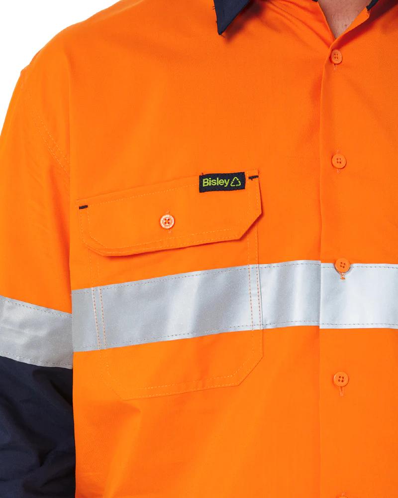 Hi Vis Recycled LS Drill Shirt - Orange/Navy