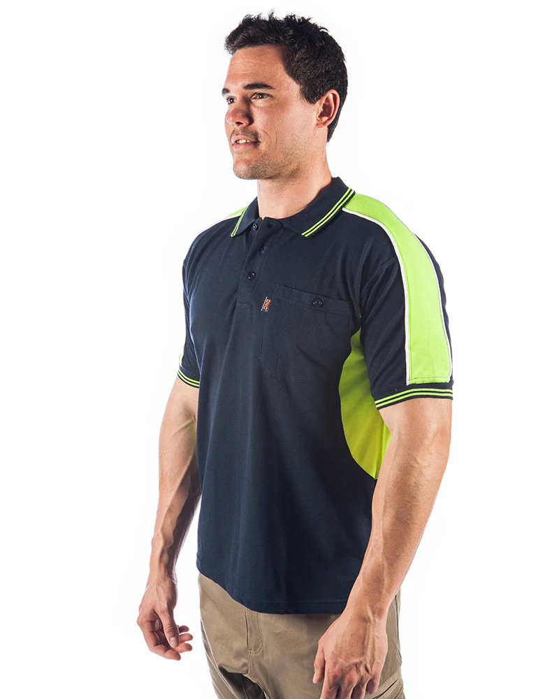 Polyester Cotton Panel Polo Shirt Short Sleeve - Navy/Yellow