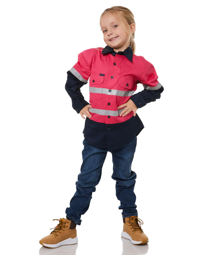 Hi Vis 2 Tone Open Front Kids Shirt - Pink/Navy