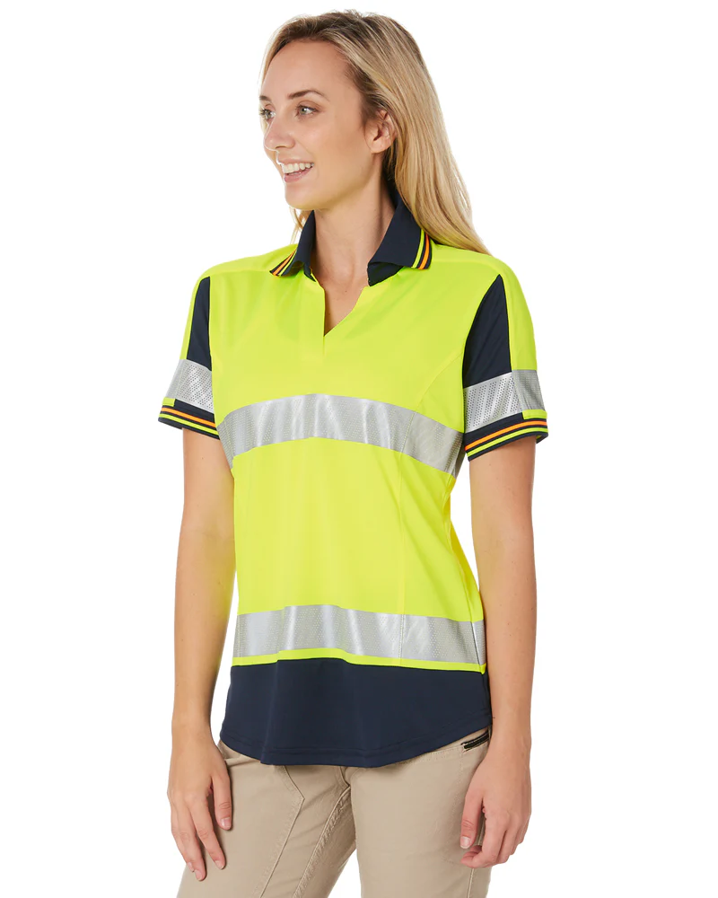 Womens SS Taped Hi Vis V-Neck Polo - Yellow/Navy