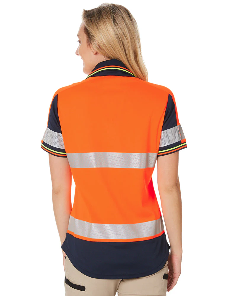 Womens SS Taped Hi Vis V-Neck Polo - Orange/Navy