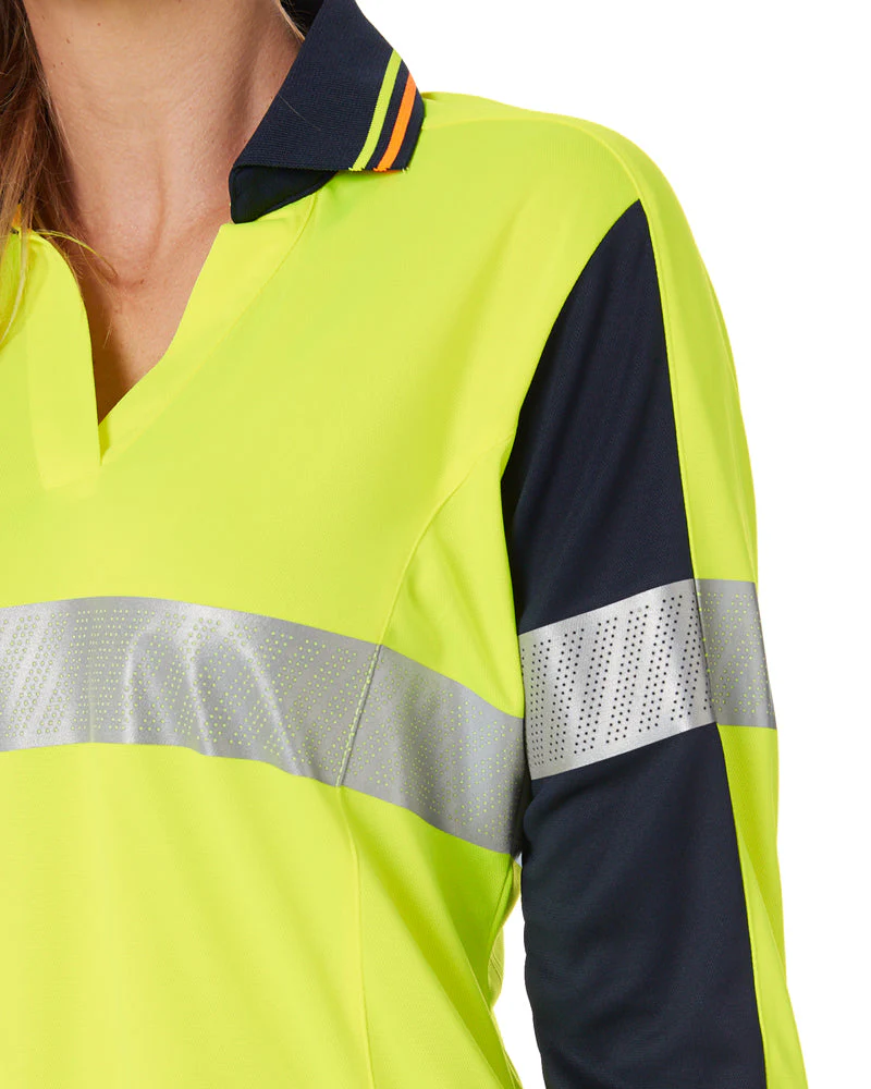 Womens L/S Taped Hi Vis V-Neck Polo - Yellow/Navy