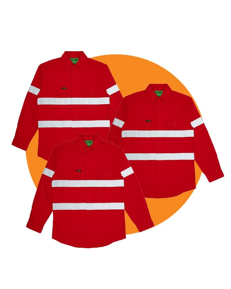 Tradies Hi Vis Taped Lightweight Cotton Shirt LS 3 Value Pack - Red