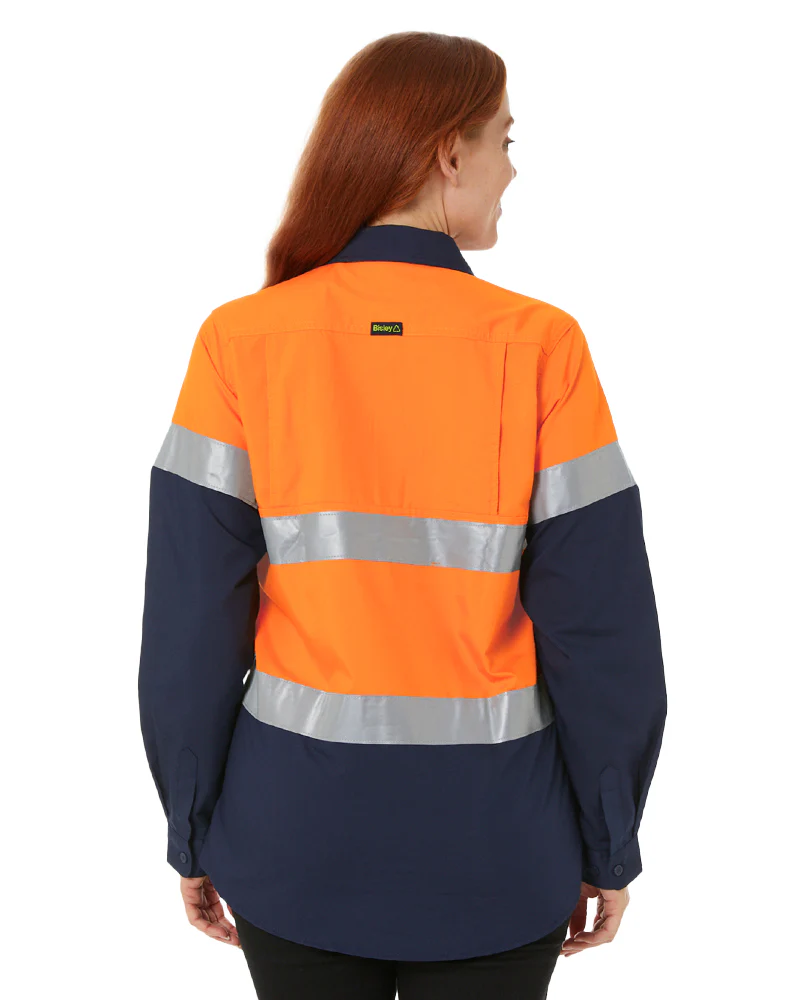 Womens Hi Vis Taped Recycled LS Drill Shirt - Orange/Navy