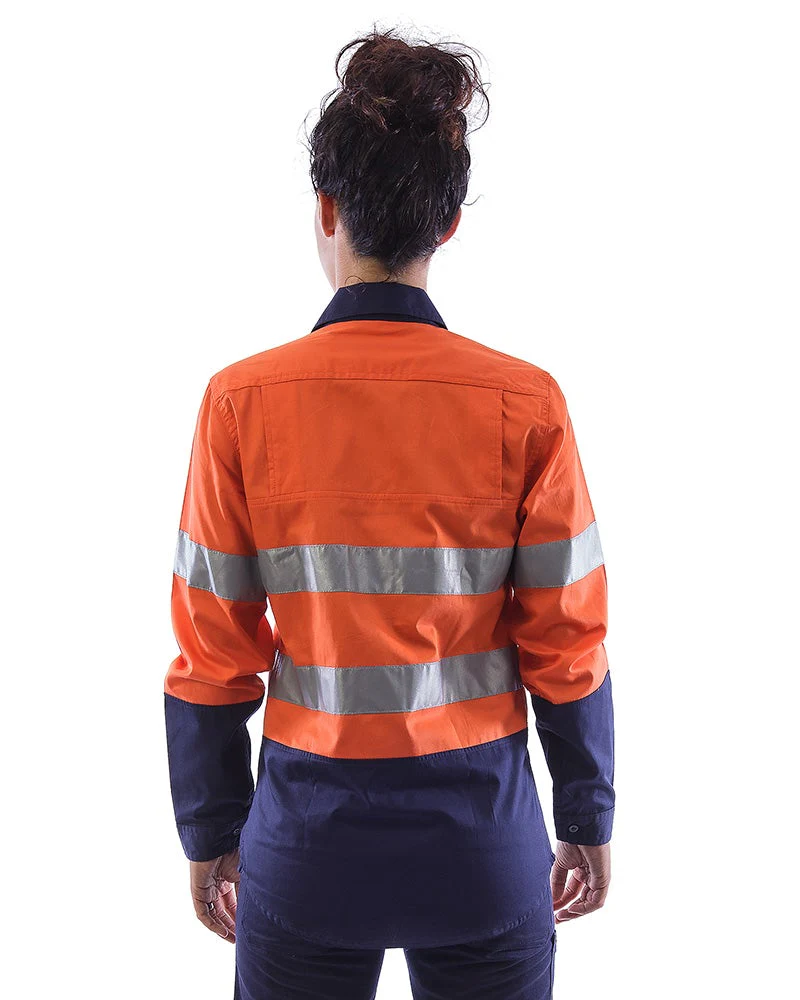 Womens L/S Hi Vis Lightweight Taped Cotton Shirt (3 Pack) - Orange/Navy