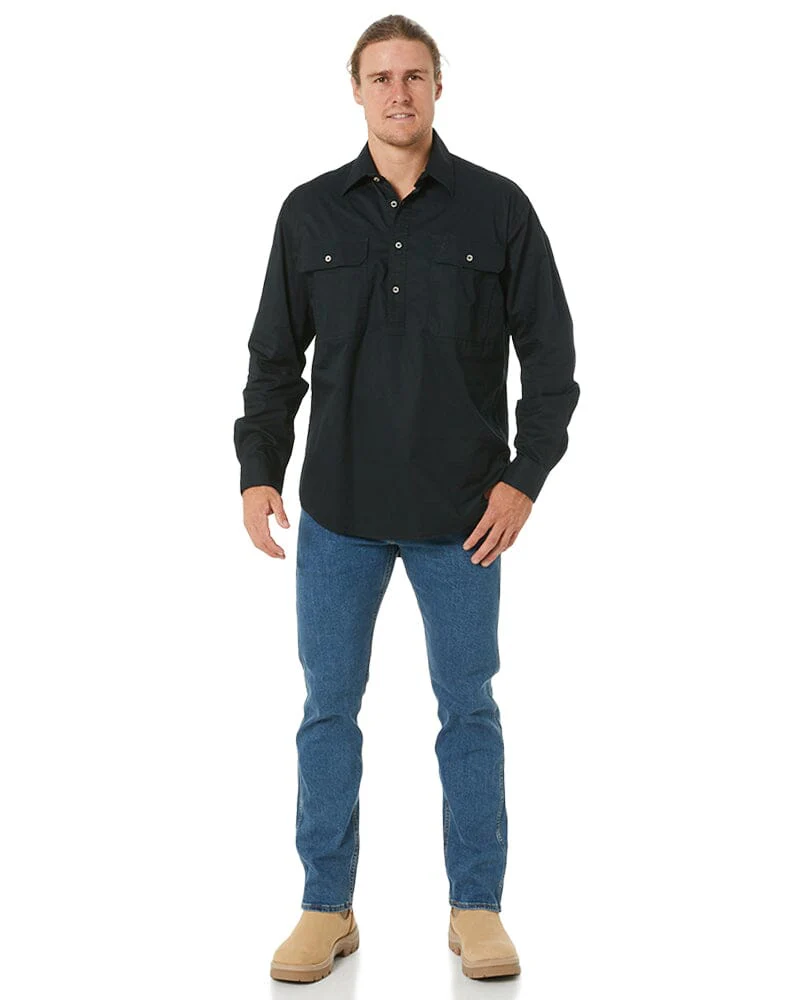 Closed Front Cotton Twill Shirt LS - Black