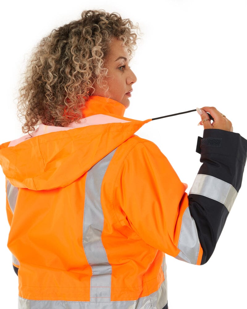 Womens Taped Hi Vis 5 In 1 Rain Jacket - Orange/Navy