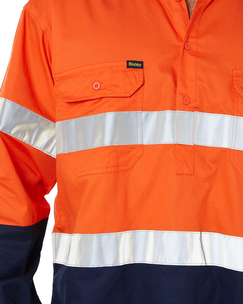 Taped Hi Vis Closed Front Lightweight LS Shirt - Orange/Navy