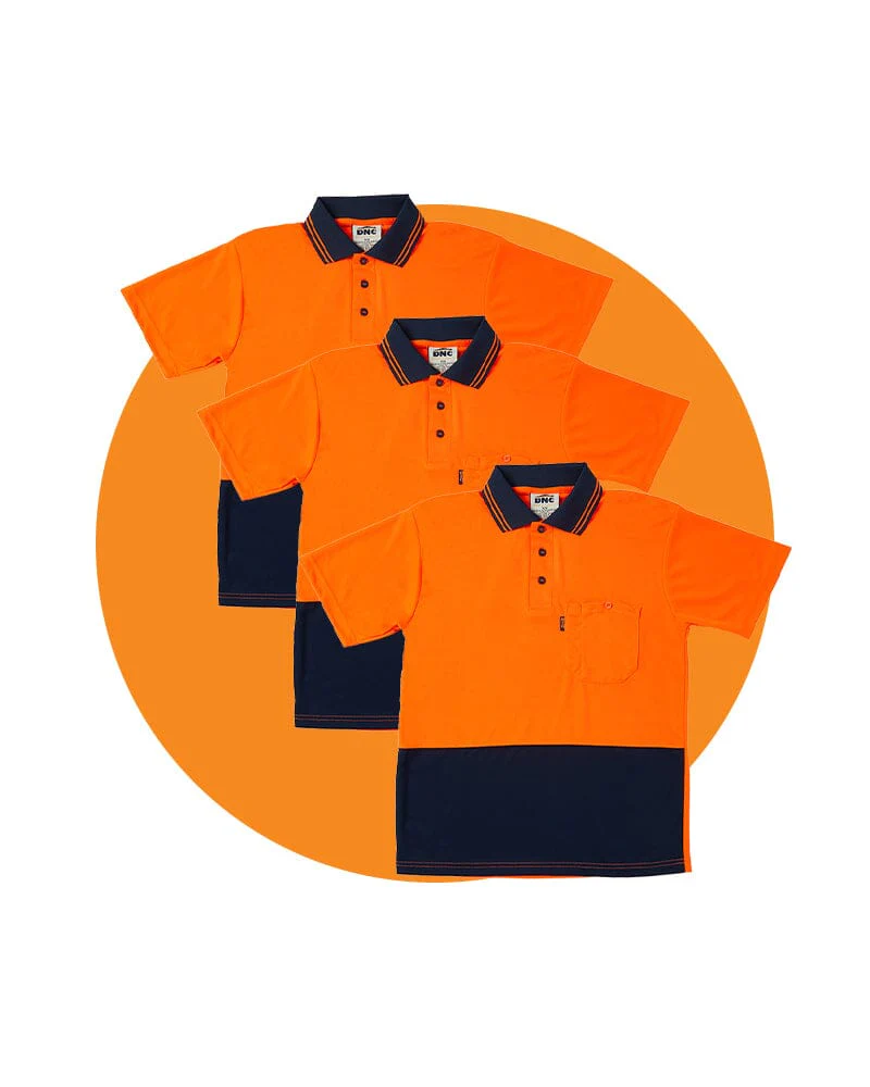 Tradies Hi Vis Cool Breathe Polo Shirt Value Pack - Orange/Navy