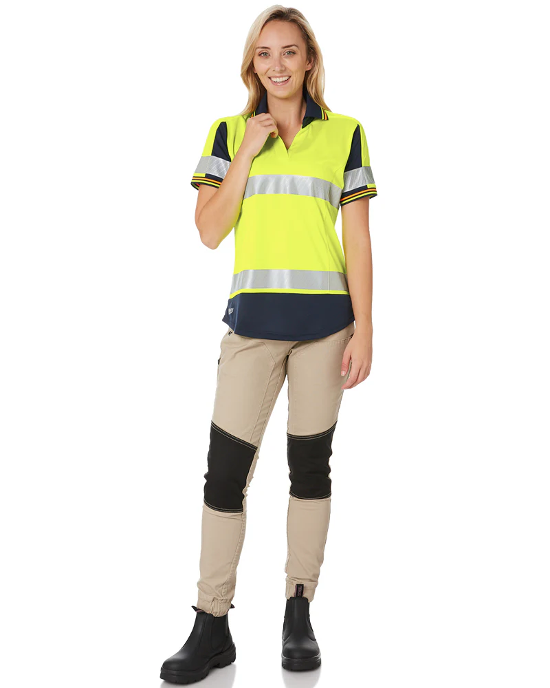 Womens SS Taped Hi Vis V-Neck Polo - Yellow/Navy