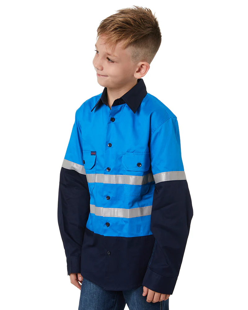 Hi Vis 2 Tone Open Front Kids Shirt - Blue/Navy
