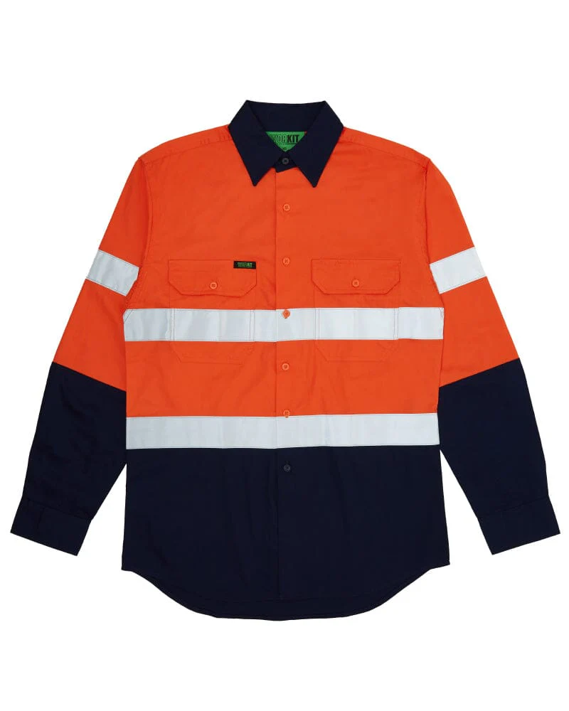 Hi Vis Taped Lightweight Cotton Shirt LS - Orange/Navy