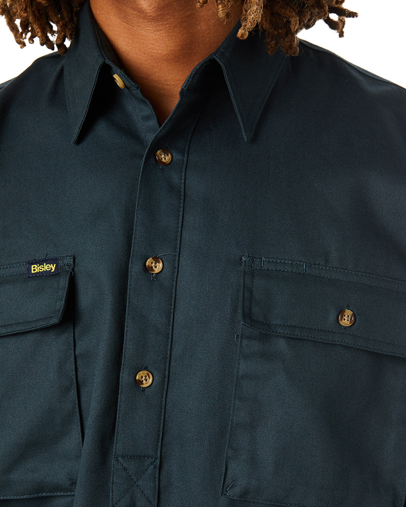 Closed Front Mens Cotton Drill LS Shirt - Green