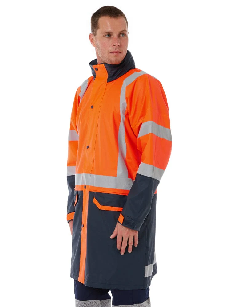 Taped Hi Vis Stretch PU Rain Coat - Orange/Navy