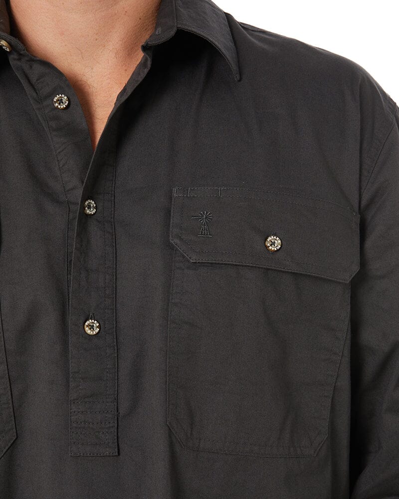 Closed Front Cotton Twill Shirt LS - Charcoal