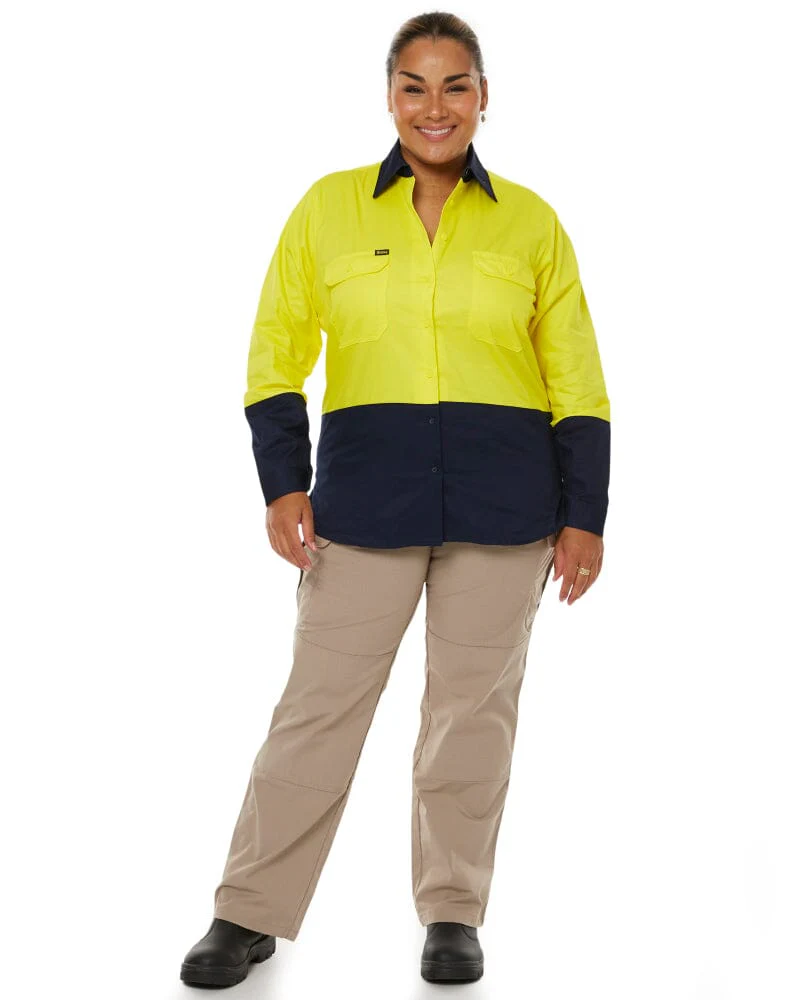 Womens Hi Vis Cool Lightweight LS Drill Shirt - Yellow/Navy