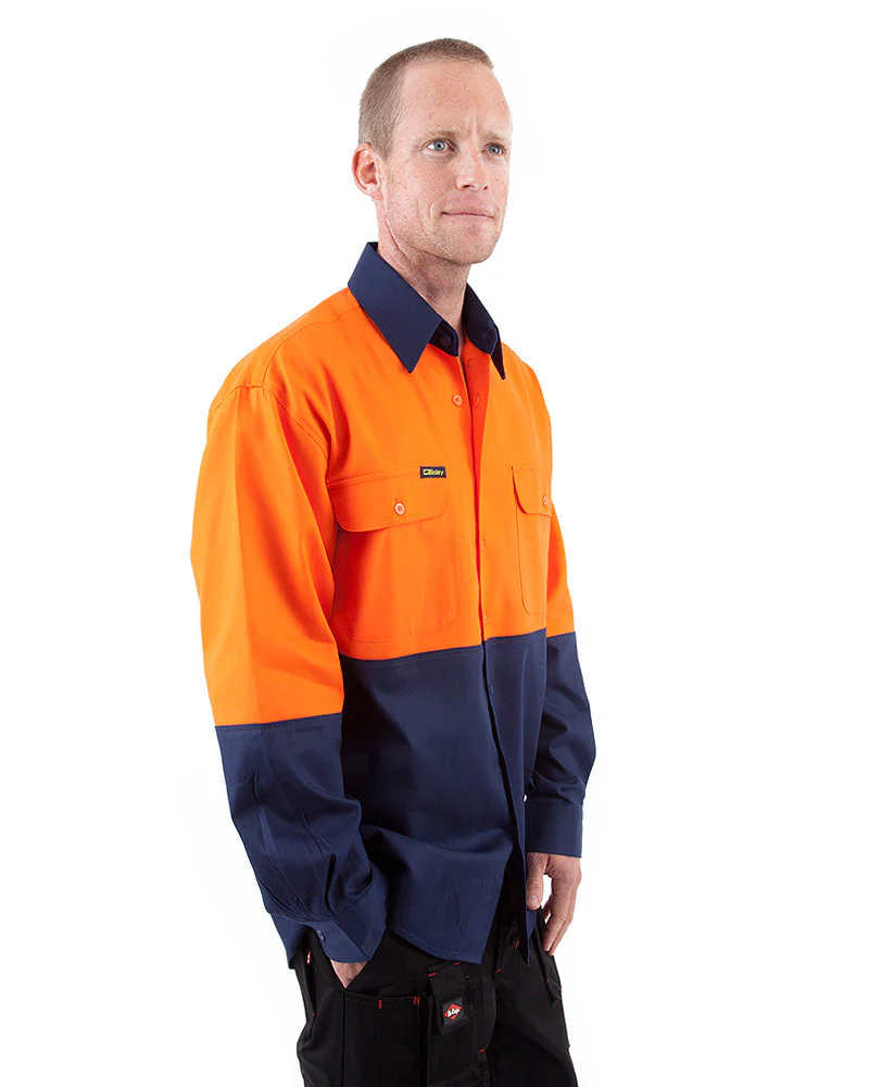 Hi Vis Drill Shirt LS - Orange/Navy