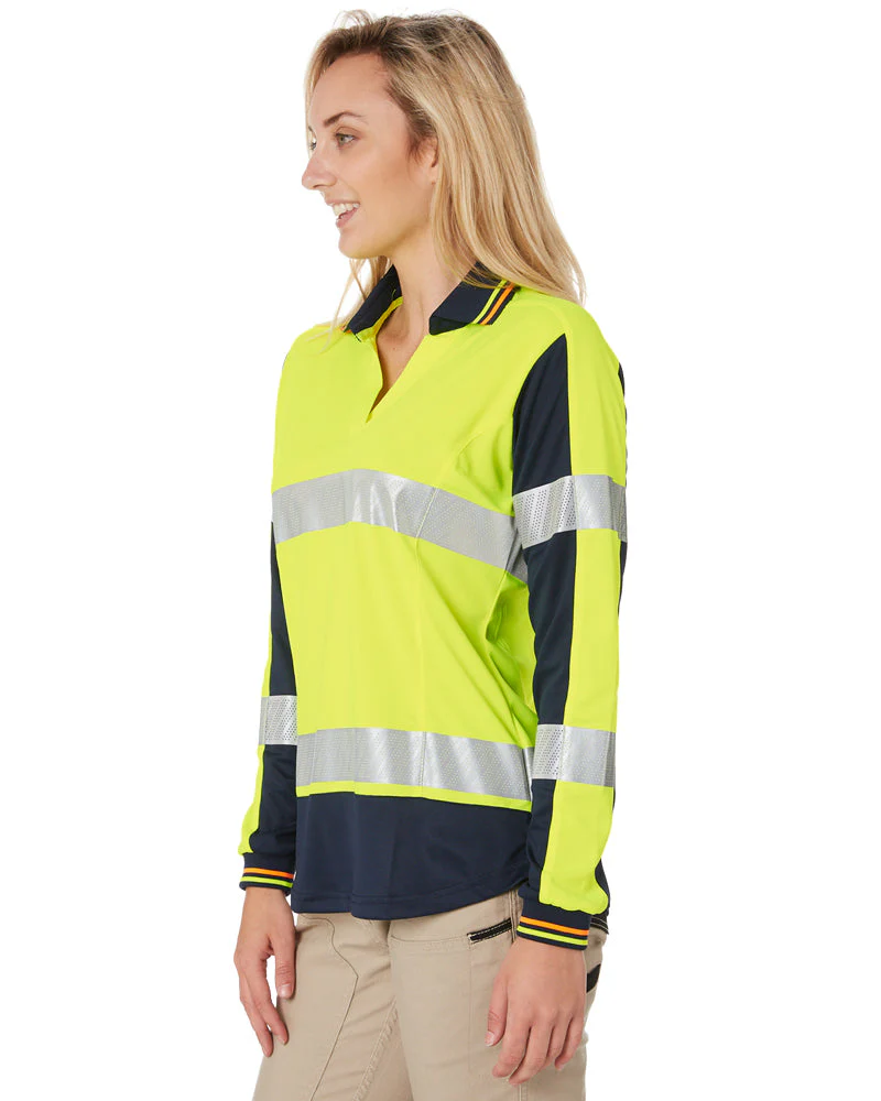 Womens L/S Taped Hi Vis V-Neck Polo - Yellow/Navy