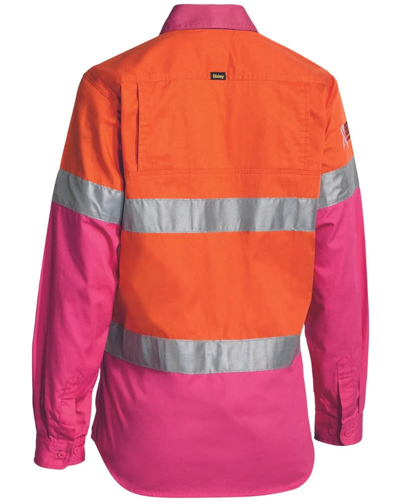 Womens Taped Hi Vis Cool Lightweight LS Drill Shirt - Orange/Pink