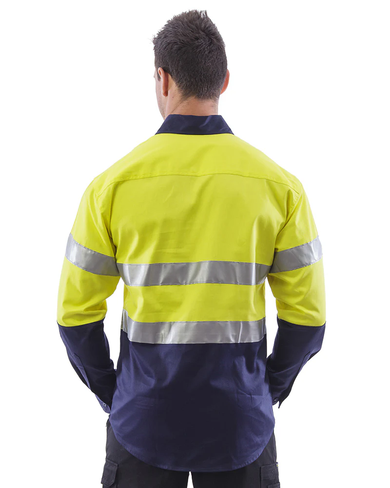 Hi Vis Taped Closed Front Cotton Drill Shirt LS (3 Pack) - Yellow/Navy