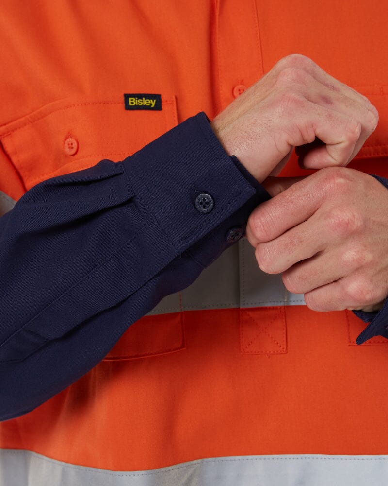 Taped Hi Vis Closed Front LS Drill Shirt * - Orange/Navy