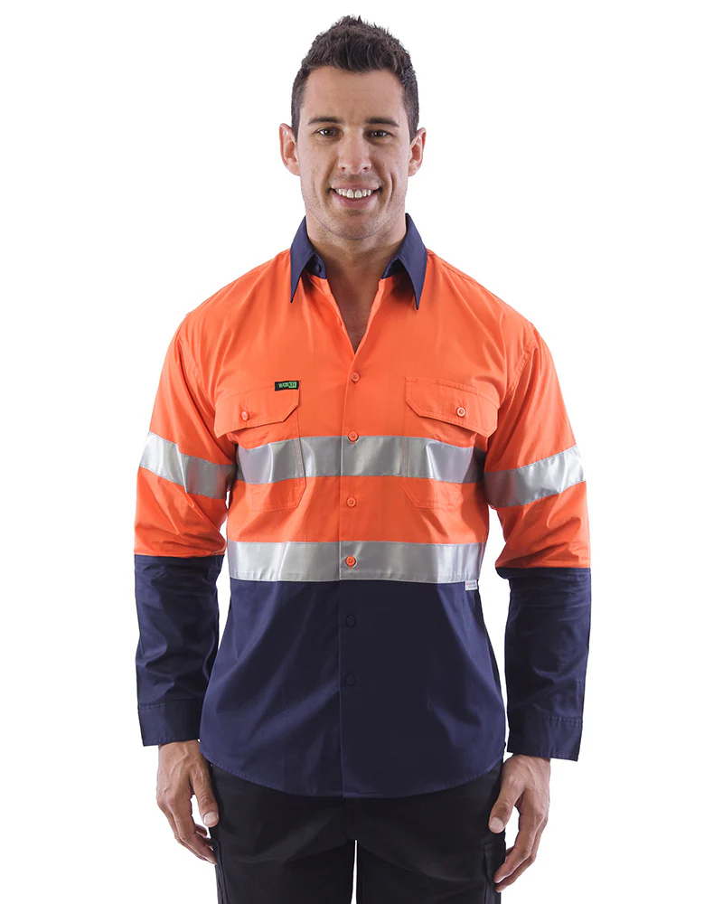 Hi Vis Taped Lightweight Cotton Shirt LS - Orange/Navy