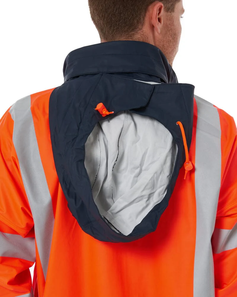 Taped Hi Vis Stretch PU Rain Coat - Orange/Navy