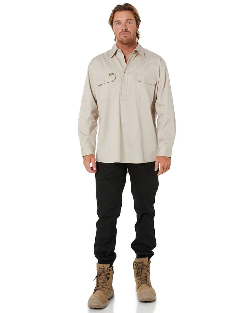 Closed Front Mens Lightweight LS Drill Shirt - Sand
