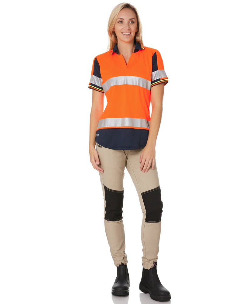 Womens SS Taped Hi Vis V-Neck Polo - Orange/Navy