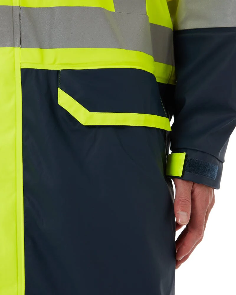 Taped Hi Vis Stretch PU Rain Coat - Yellow/Navy