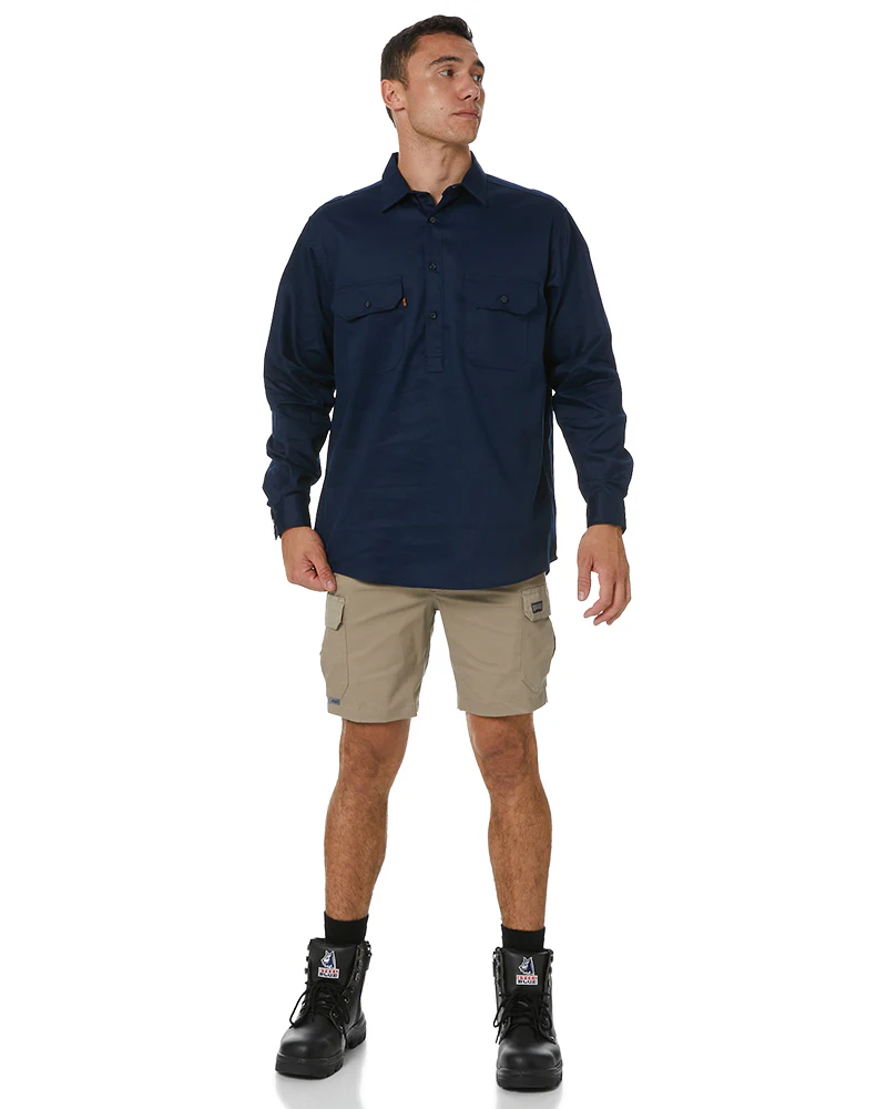 Closed Front Cotton Drill Shirt Long Sleeve - Navy