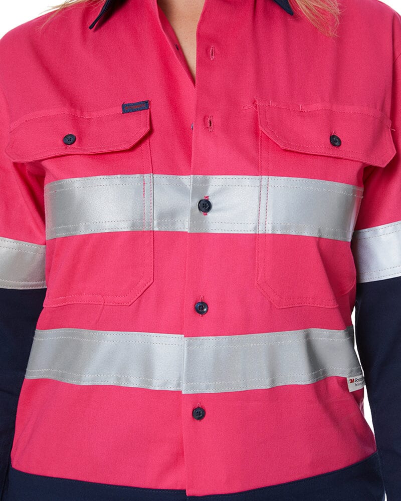 Hi Vis Taped Cotton Drill Shirt LS - Pink/Navy
