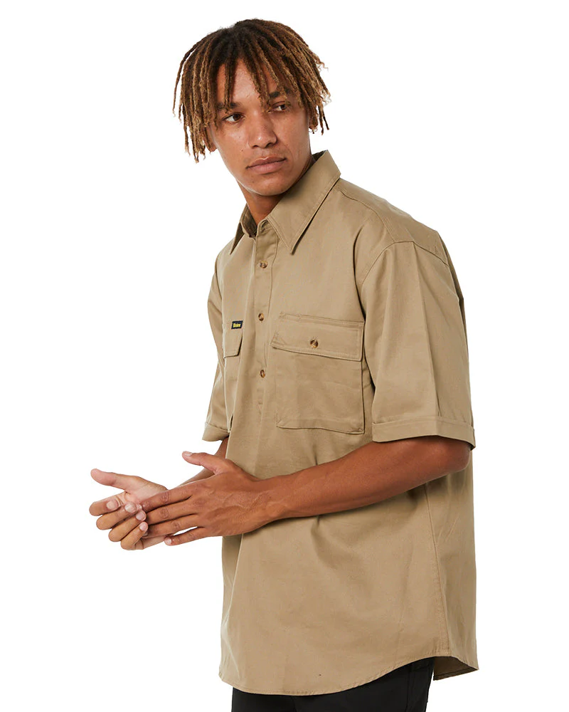 Closed Front Mens Cotton Drill SS Shirt - Khaki