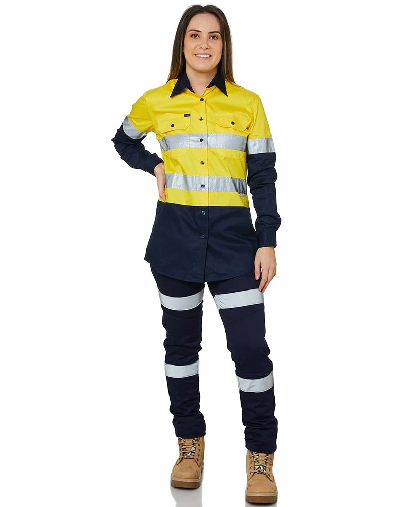Ladies Hi Vis Lightweight LS Shirt - Yellow/Navy