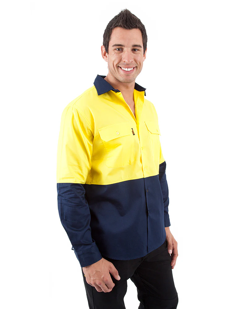 Hi Vis Cool Breeze Cotton Drill Shirt LS - Yellow/Navy
