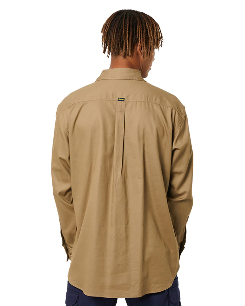Closed Front Mens Cotton Drill LS Shirt - Khaki