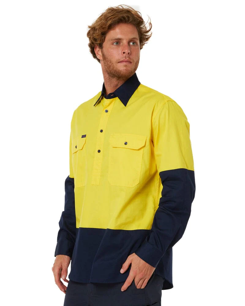 Vented Closed Front Lightweight LS Shirt - Yellow/Navy