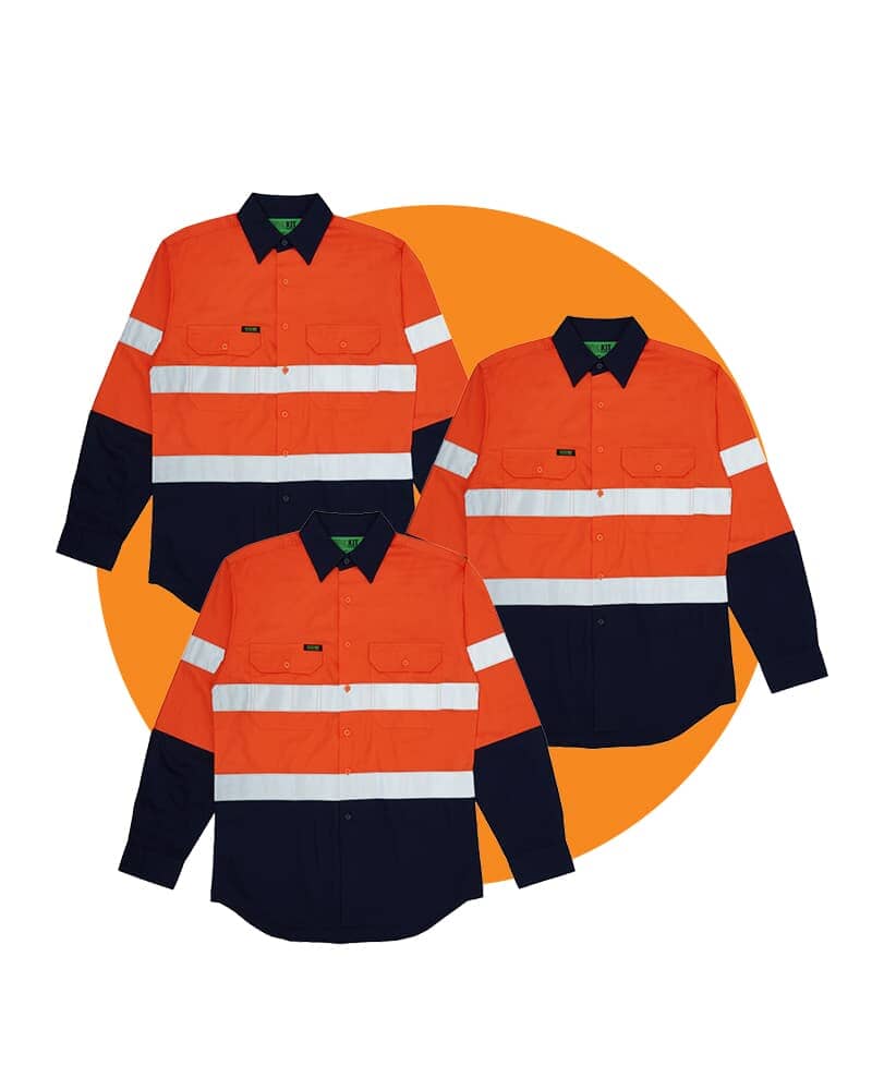 Tradies Hi Vis Taped Lightweight Cotton Shirt LS 3 Value Pack - Orange/Navy
